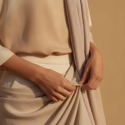 Hands gathering softly draped neutral fabric