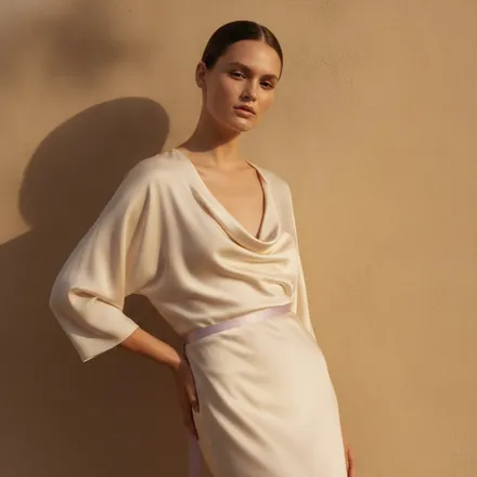 Cream cowl-neck silk slip dress with a lilac sash