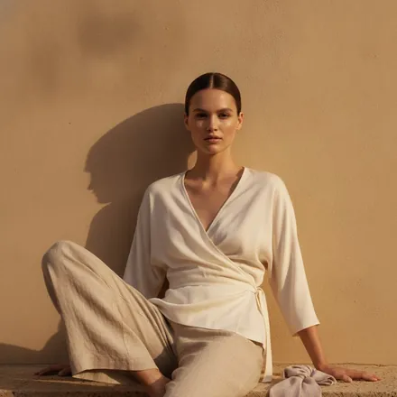 Ivory wrap top and natural linen trousers, seated