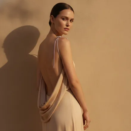 Open-back sand-toned silk gown with a lilac tie
