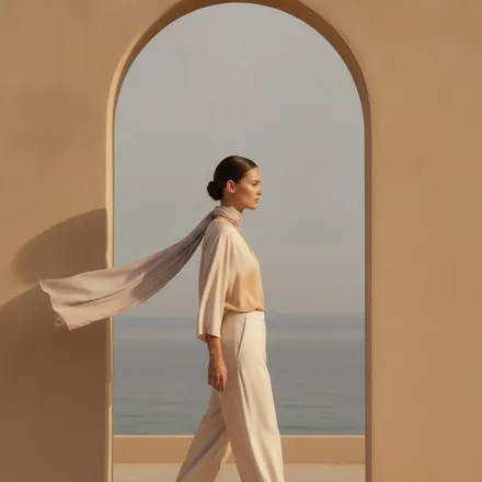 Model in ivory tailoring walking through a coastal archway