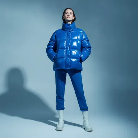 Generic AI look: electric-blue puffer jacket