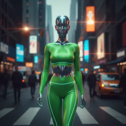 Generic AI look: neon-green athleisure on a busy street