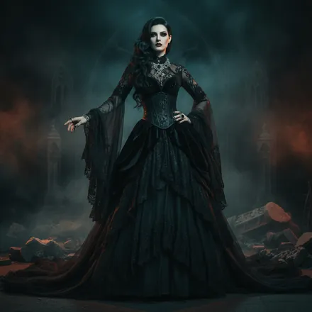Generic AI look: dark gothic gown, teal-orange grade