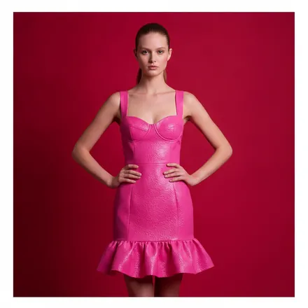 Generic AI look: hot-pink cocktail dress on red