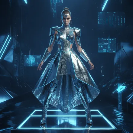 Generic AI look: silver sci-fi outfit under blue neon