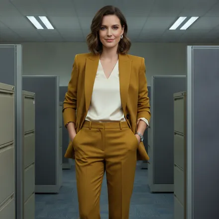 Generic AI look: mustard corporate blazer in an office
