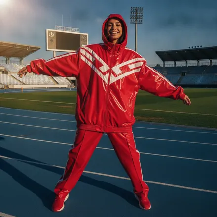 Generic AI look: red sporty tracksuit in a stadium
